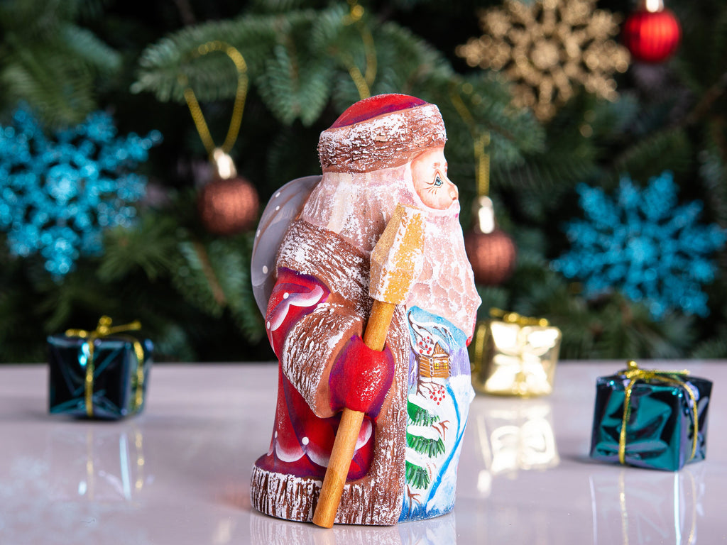 Small Santa Claus wooden figurine 5 inch, snowy forest painting, collectible holiday decor