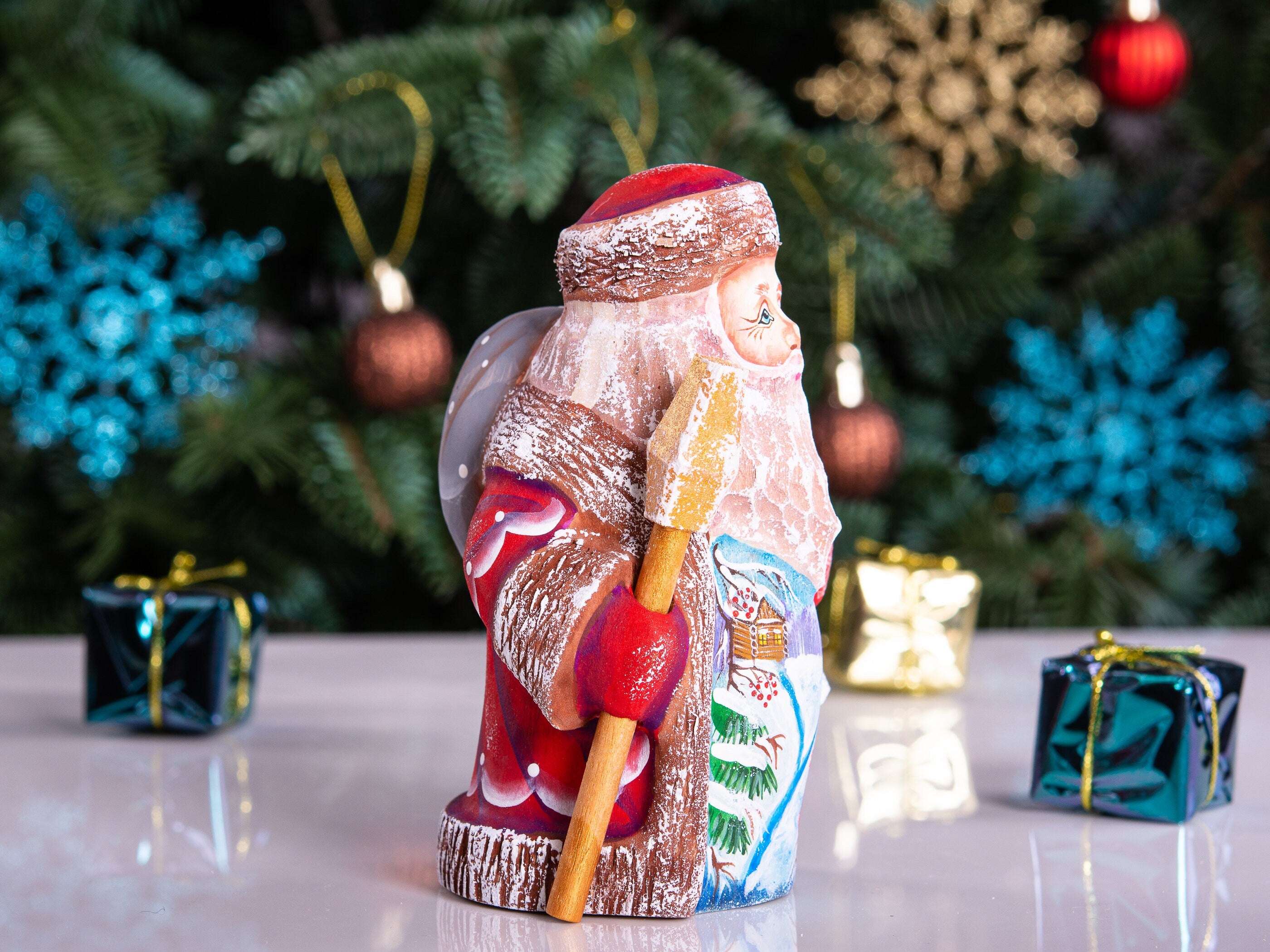 Small Santa Claus wooden figurine 5 inch, snowy forest painting, collectible holiday decor
