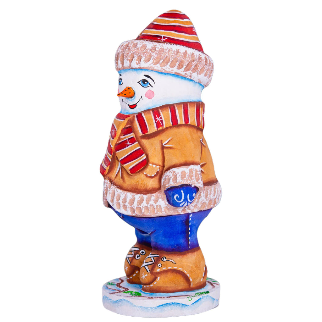 Hand-Carved Wooden Snowman Figurine: Christmas Holiday Decor (6 inch)