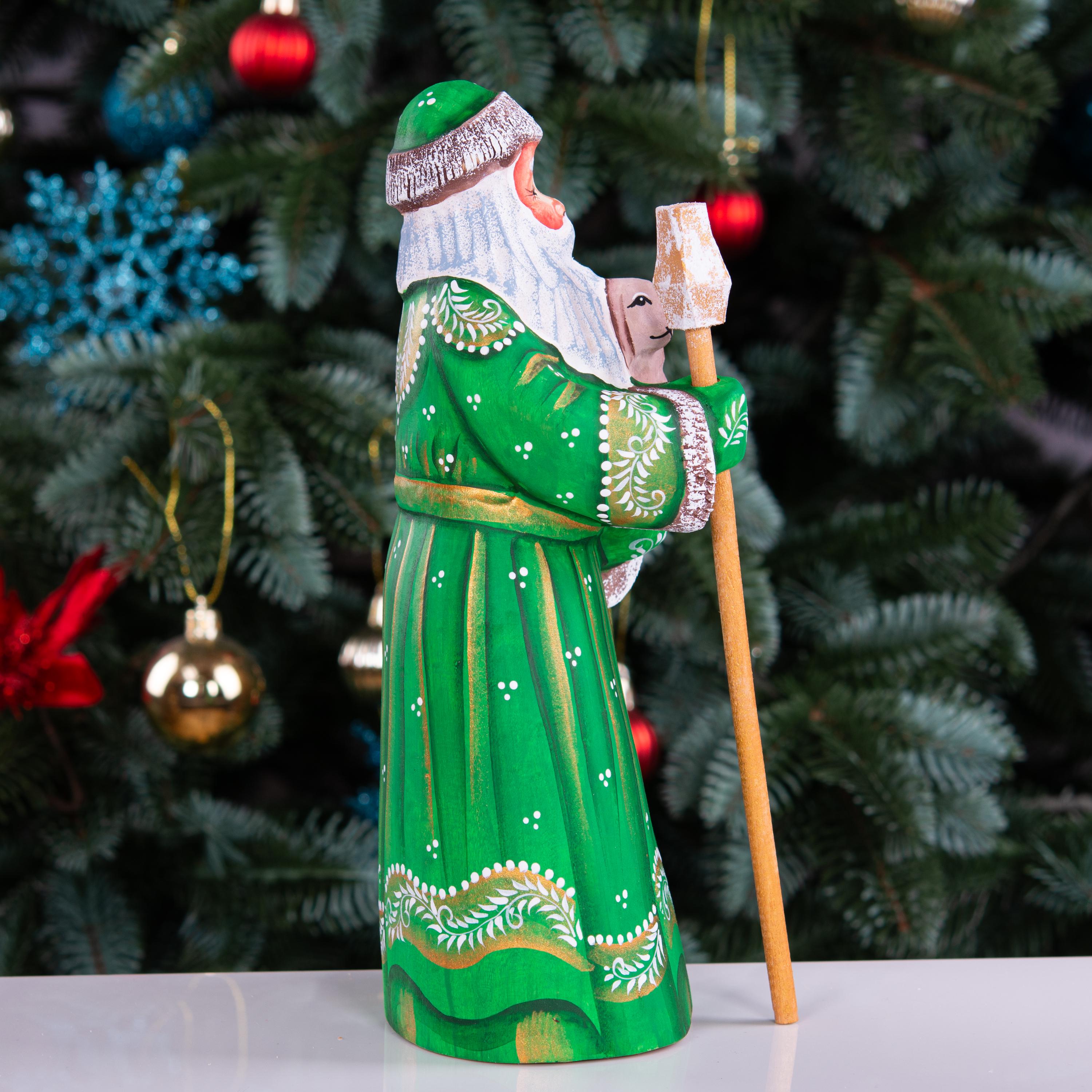 Hand carved Santa wooden figurine 8.7 inch, holding dog, green coat