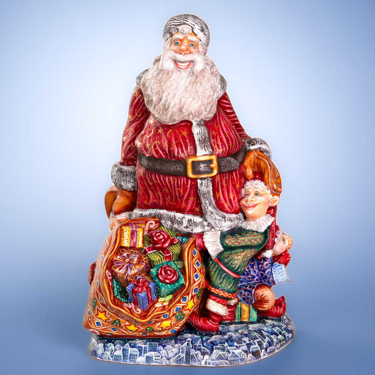 Hand carved wooden Santa figurine 14 inch, elves, mantel decor