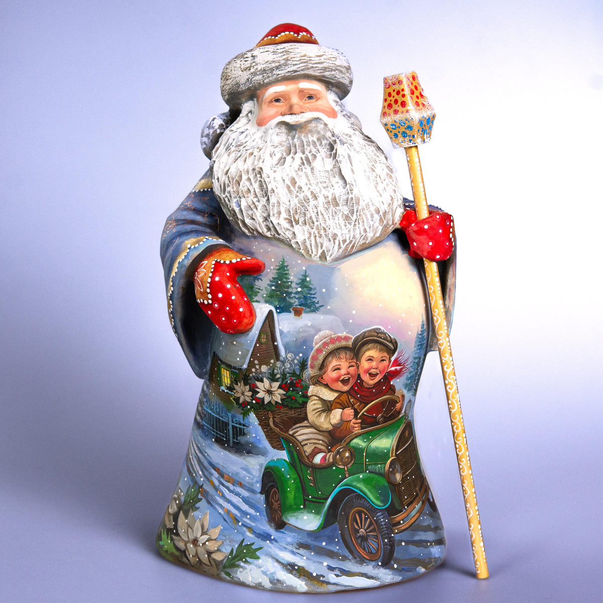 Hand Carved Wooden Santa Statue 14", Children in Green Car, Old World