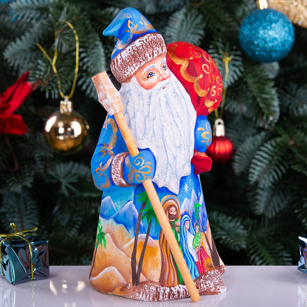 Wooden Santa Figurine 8", Nativity Panel, Hand Carved, Folk Art
