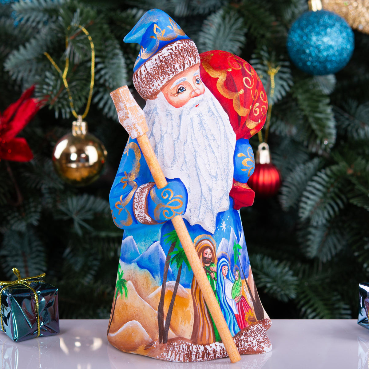 Wooden Santa Figurine 8", Nativity Panel, Hand Carved, Folk Art