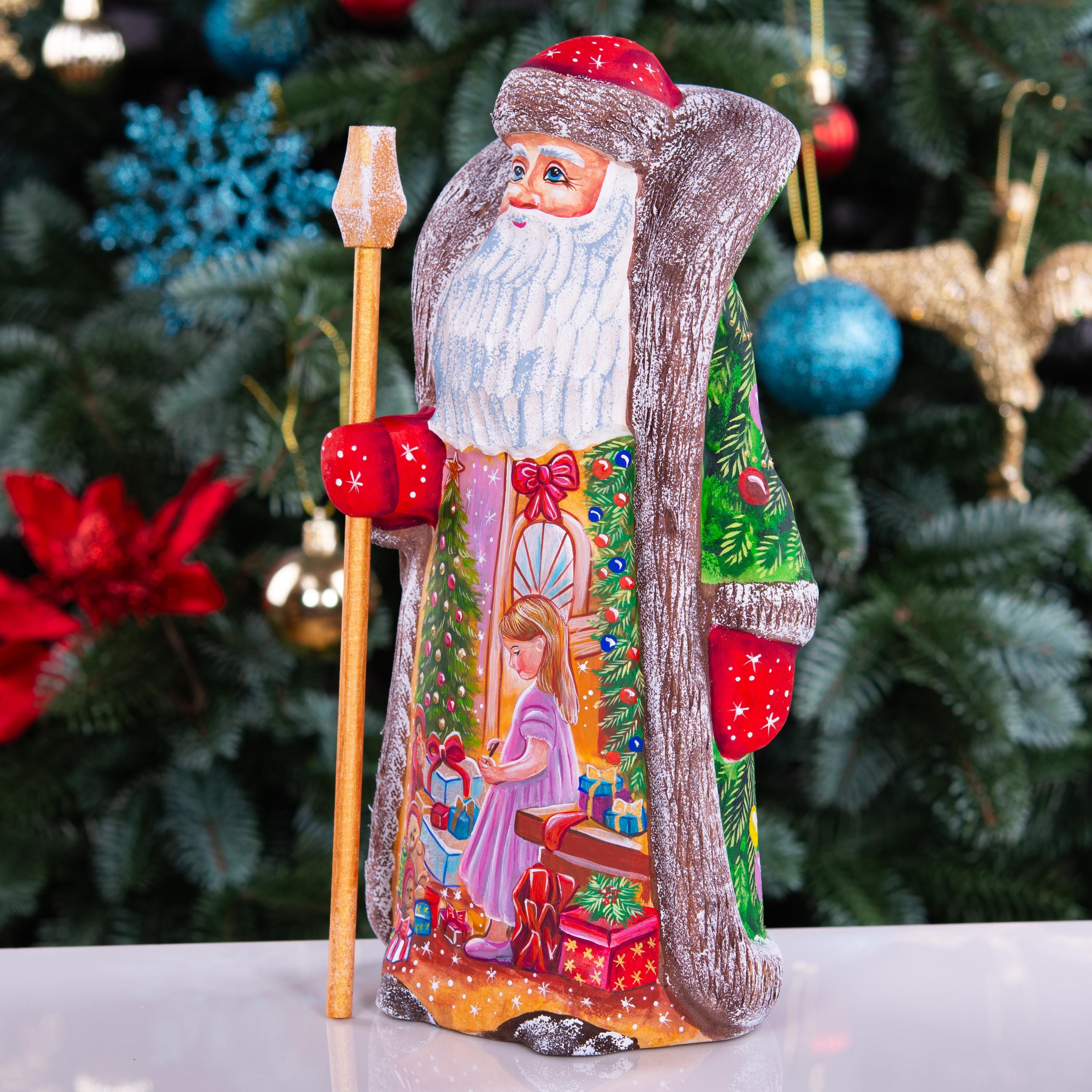 Hand Carved Santa Figurine 9 inch: Christmas Girl Scene, Festive Door Art