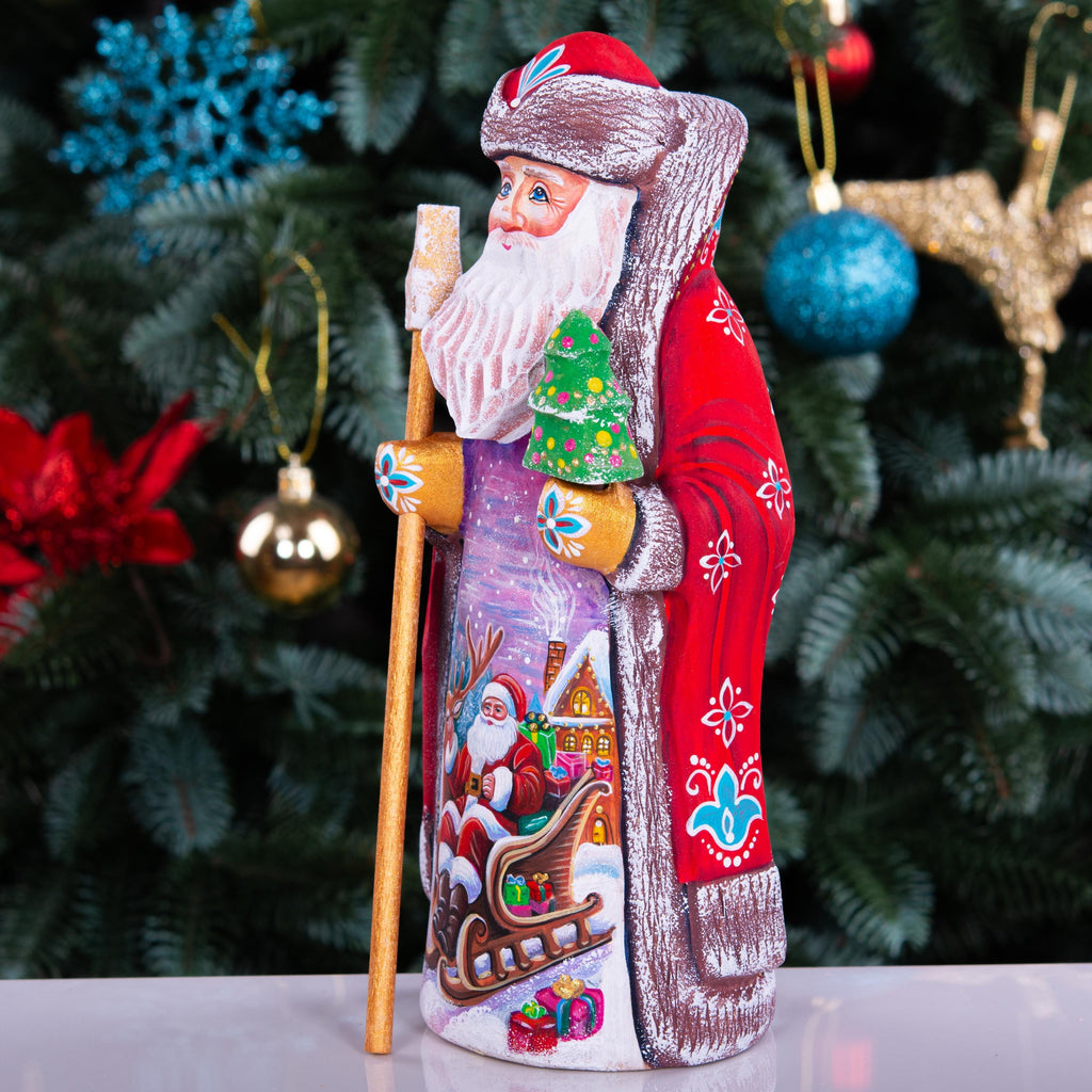 Kris Kringle wooden figurine 9 inch, Santa in sleigh scene
