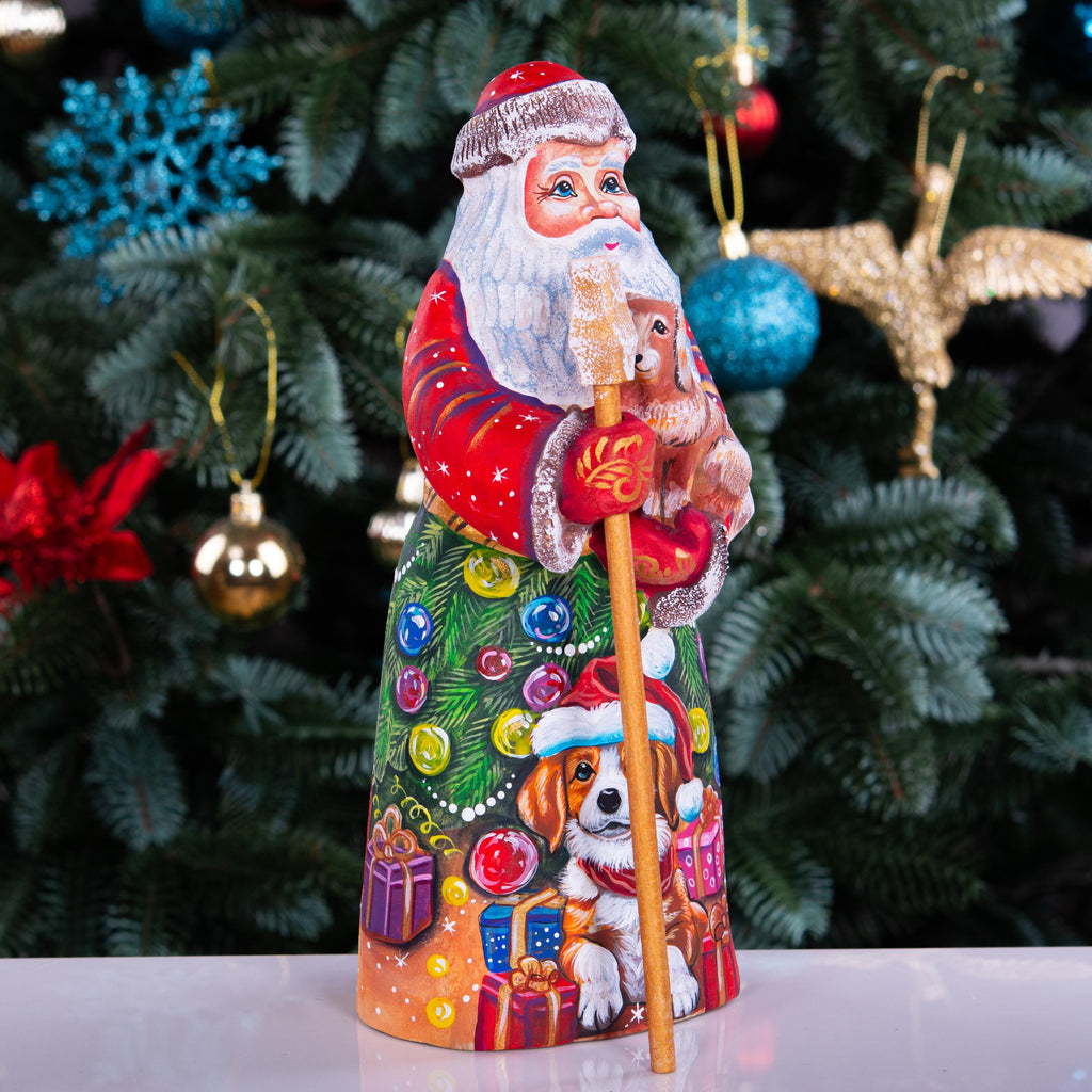 Hand Carved Santa Claus Figurine with Dog: Painted Wood Christmas Decor