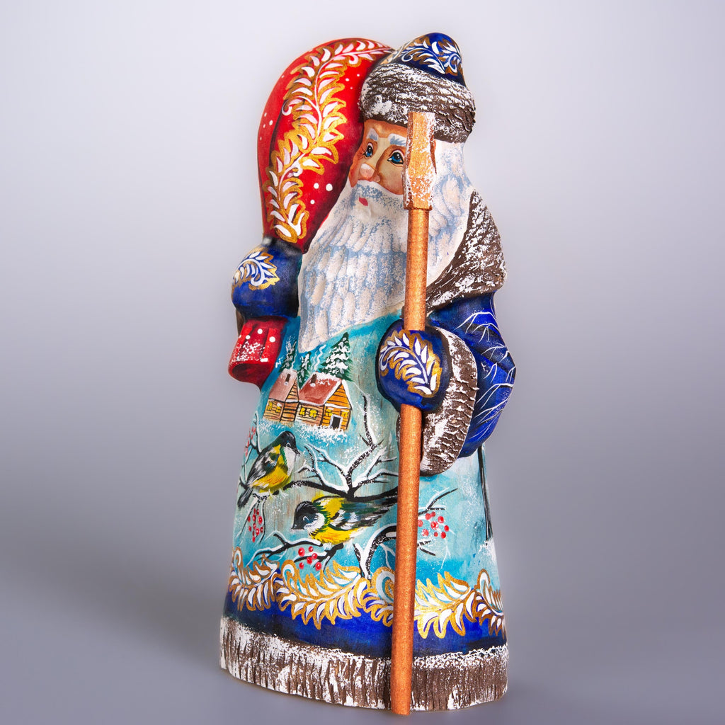 Hand carved Old-World Santa wooden figurine 8 inch, winter birds village scene, mantel decor