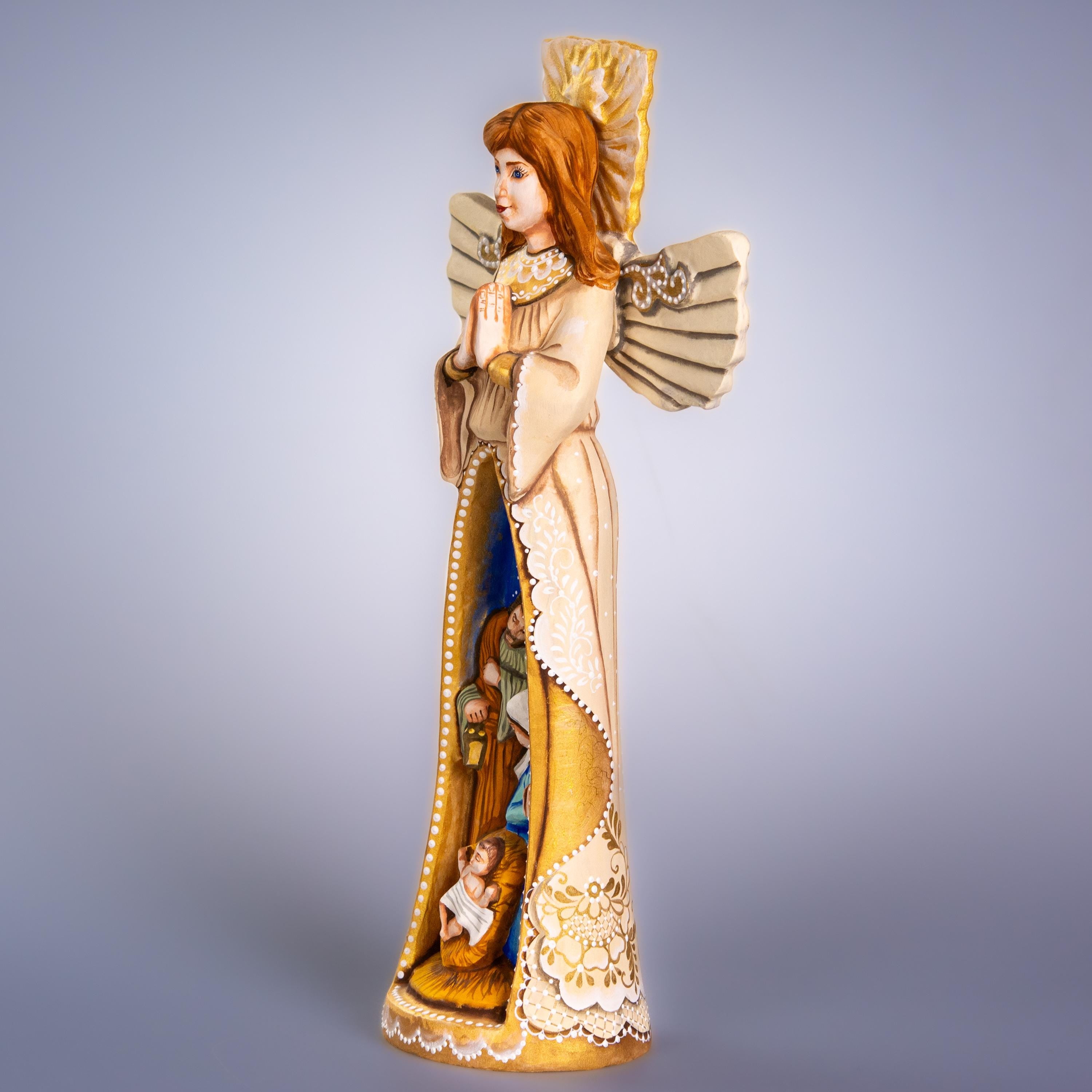 Angel Nativity wooden figurine 13 inch, Holy Family creche, mantel decor