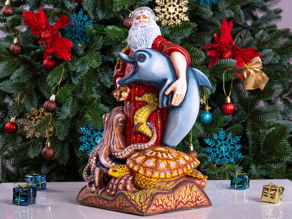 Hand-Carved Wooden Santa Claus Figurine: Ocean Theme Christmas Decor