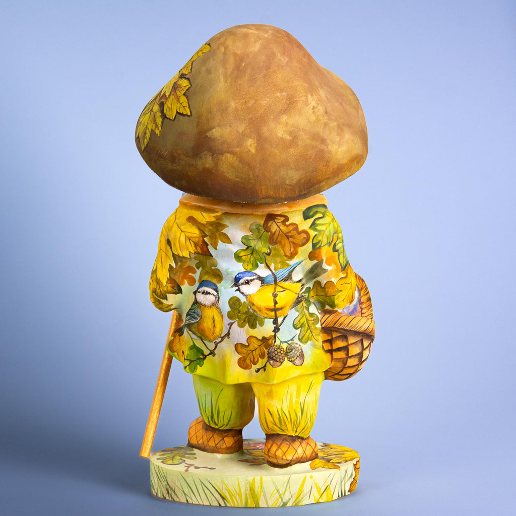 Mushroom gnome wood carving 11 inch, oak leaves, tabletop decor