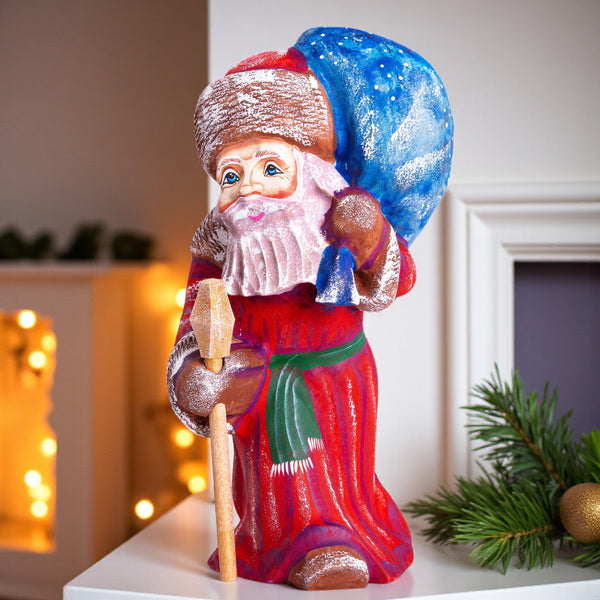 Hand carved Santa wood figurine 8 inch, Holy Family painting, tabletop Christmas decor