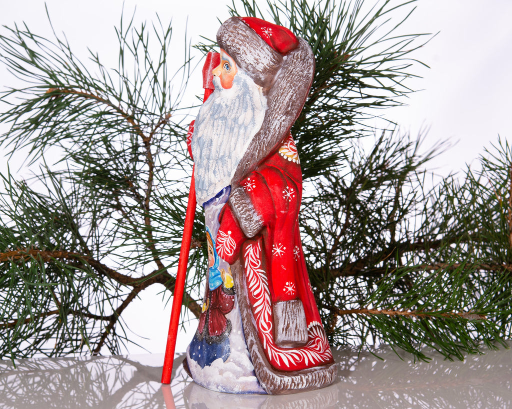 Hand carved Russian Santa figurine 9.5 inch, winter girl scene, Christmas mantel centerpiece