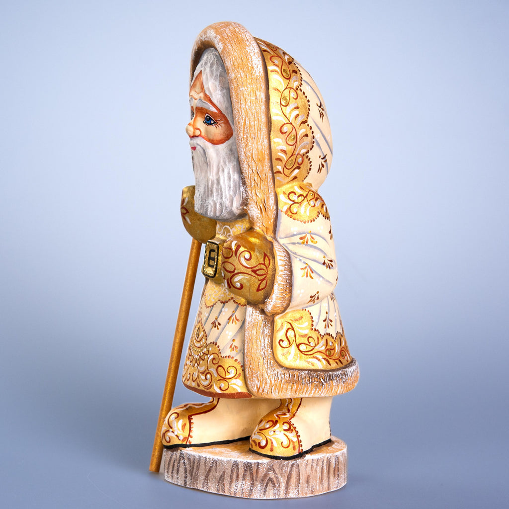 Russian Santa wooden figurine 11 inch, ivory coat, hand painted folk art collectible