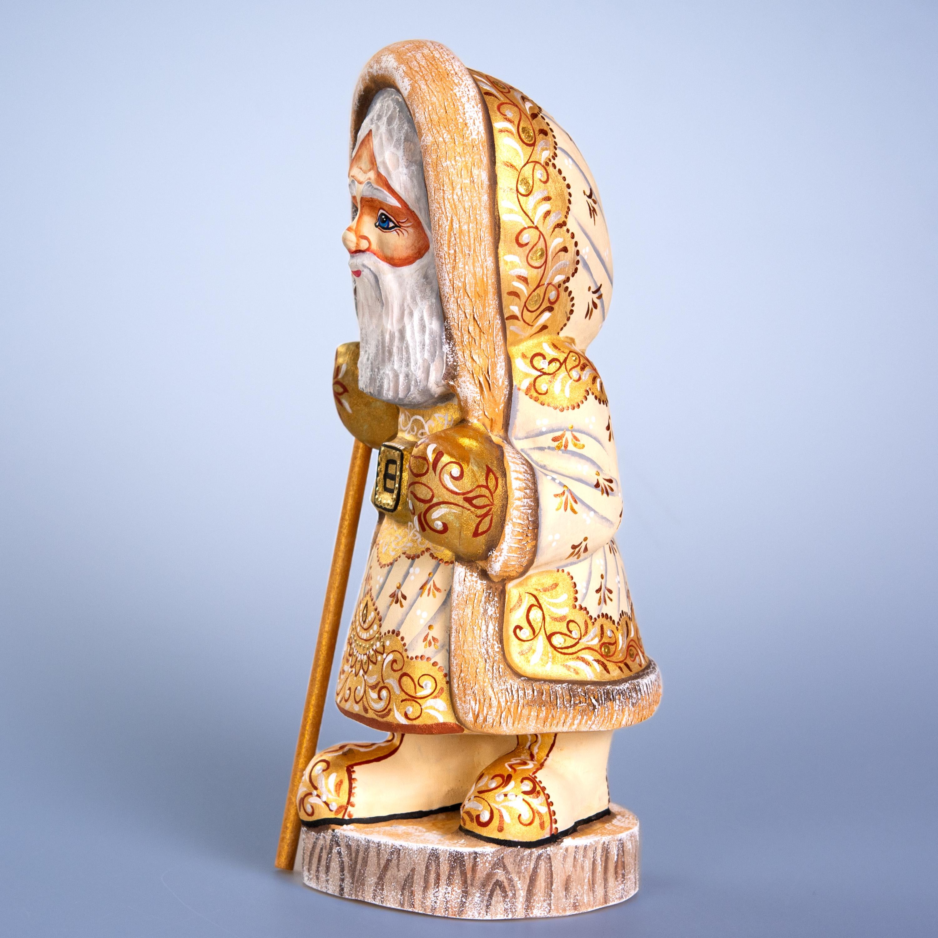 Russian Santa wooden figurine 11 inch, ivory coat, hand painted folk art collectible