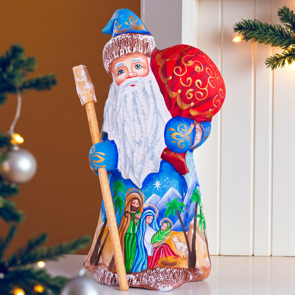 Wooden Santa Figurine 8", Nativity Panel, Hand Carved, Folk Art