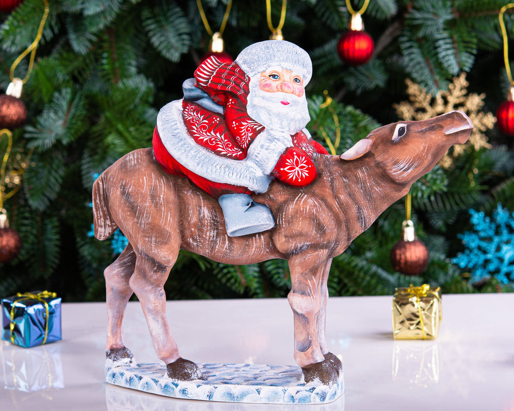 Hand carved wooden Santa riding reindeer figurine 8 inch, Nordic folk art centerpiece