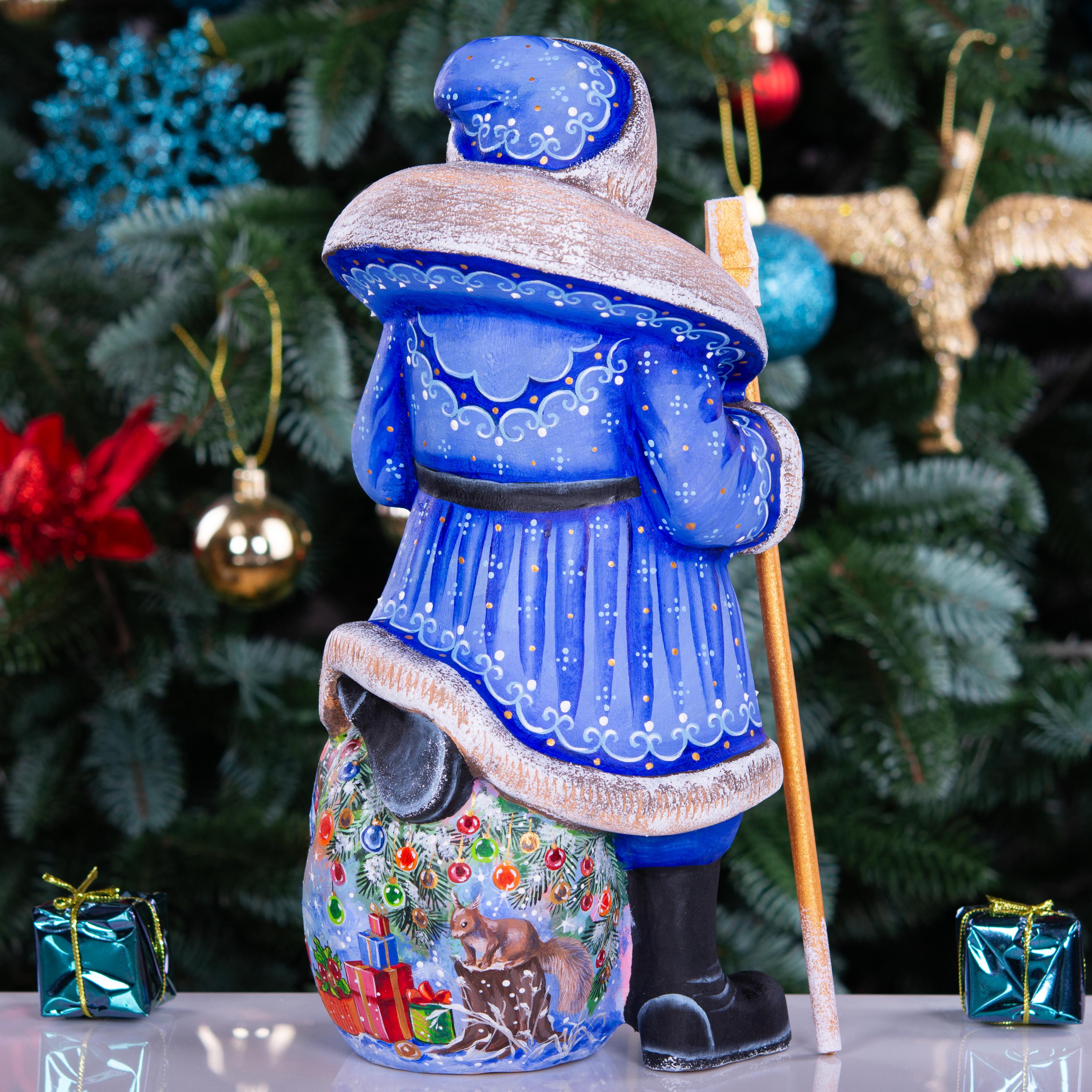 Blue Santa wooden figurine 9.5 inch, hand carved Christmas mantel display decor