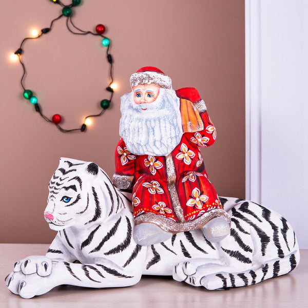 Hand carved wooden Santa riding white tiger figurine, unique Christmas home decor
