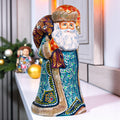 Old World Santa wooden figurine 9 inch, teal coat, shelf decor