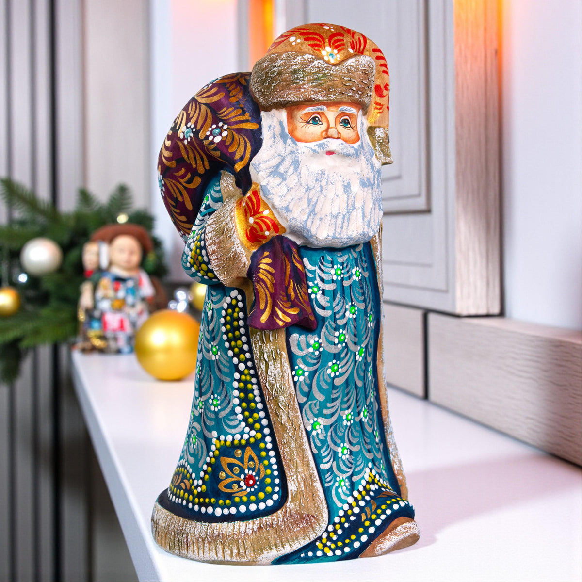 Old World Santa wooden figurine 9 inch, teal coat, shelf decor