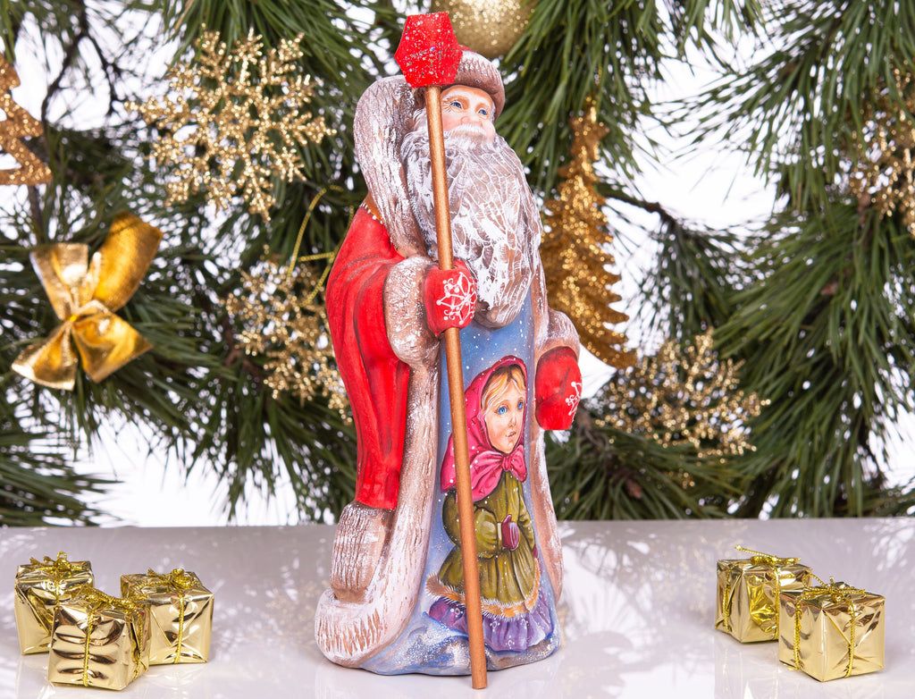 Old World Santa wood figurine 9.5 inch, winter girl scene, Christmas mantel centerpiece