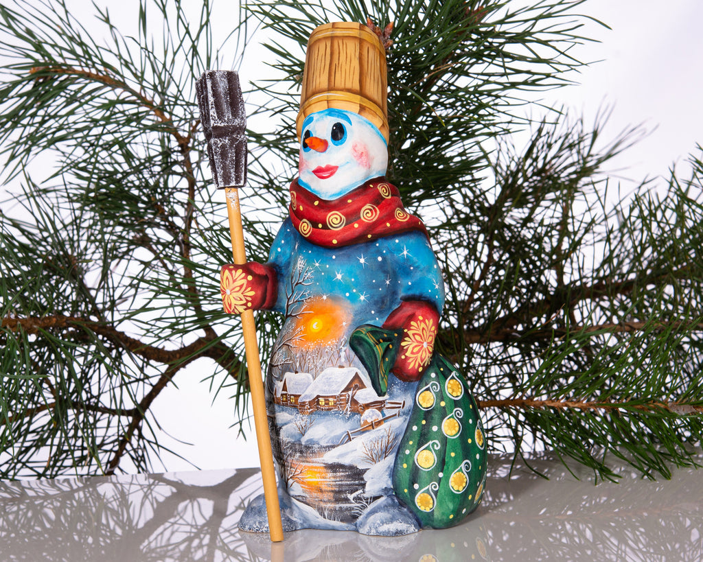 Christmas snowman wood figurine 8 inch, snowy cottage artwork, festive table centerpiece