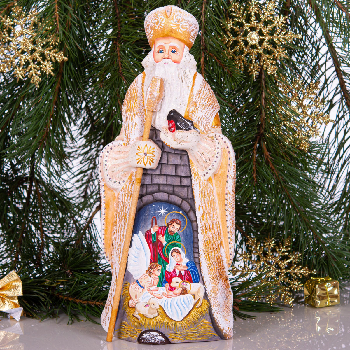 Holy Family Christmas decor 12.7 inch, hand carved Santa nativity wood figurine