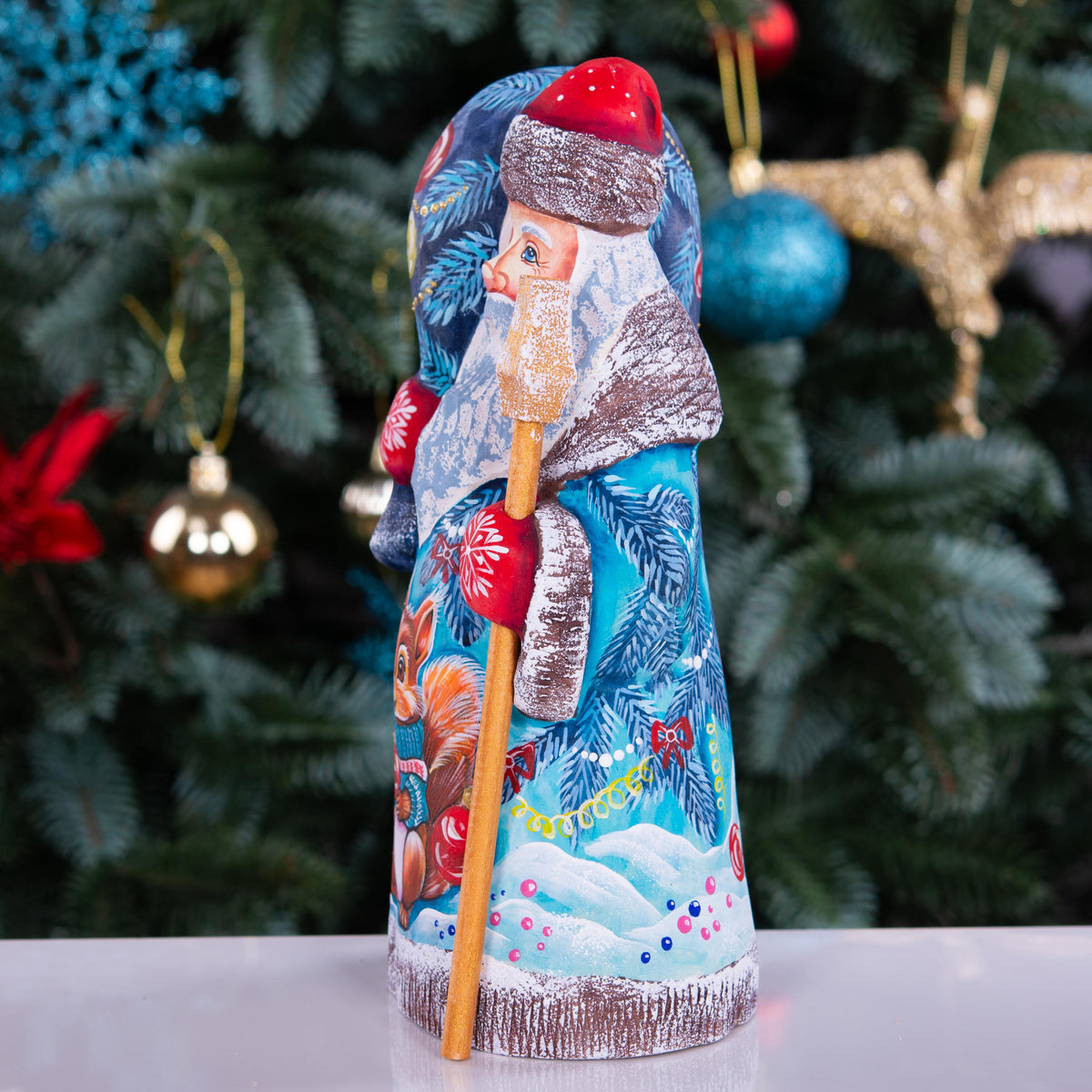 Hand carved Santa wooden figurine 8.3 inch, squirrel in winter forest, Christmas mantel decor