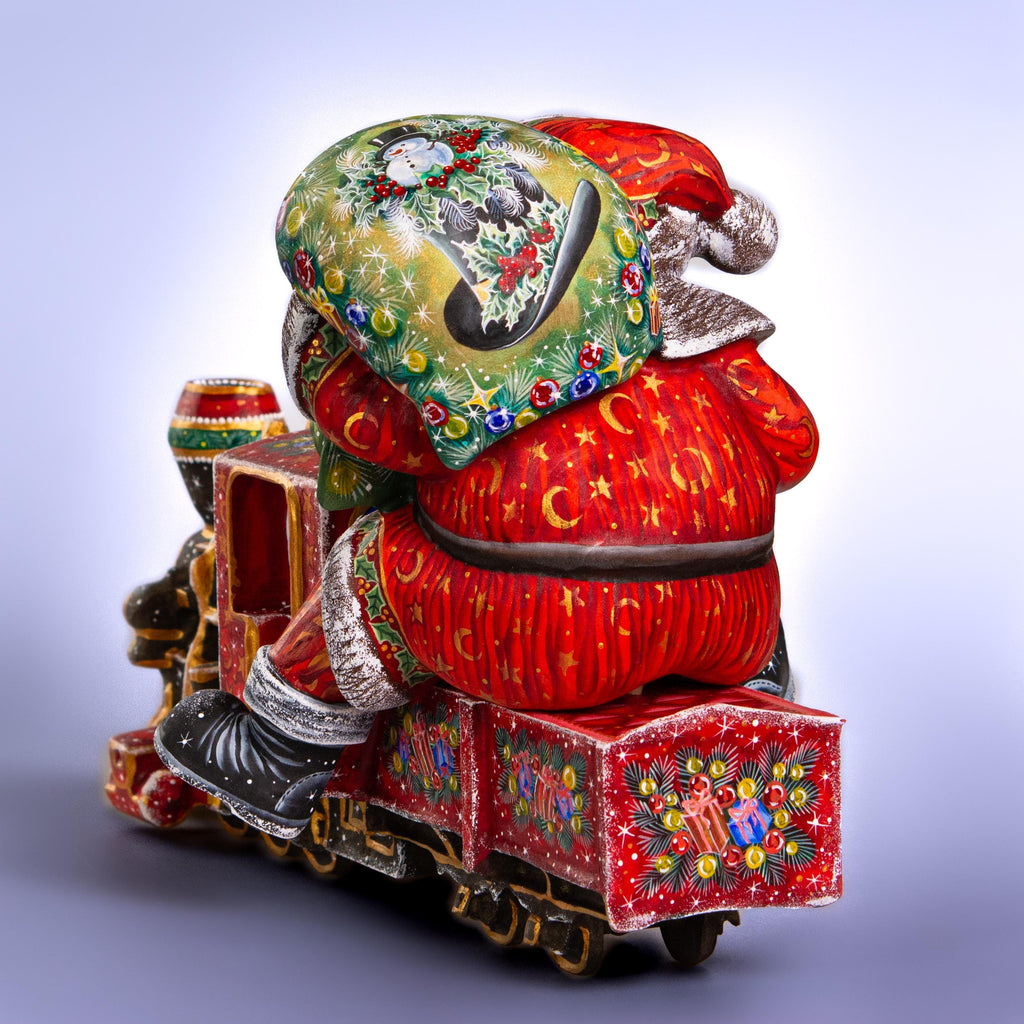 Hand-Carved Wooden Santa Claus Riding Christmas Train – Holiday Tabletop Decor – Collectible Xmas Gift