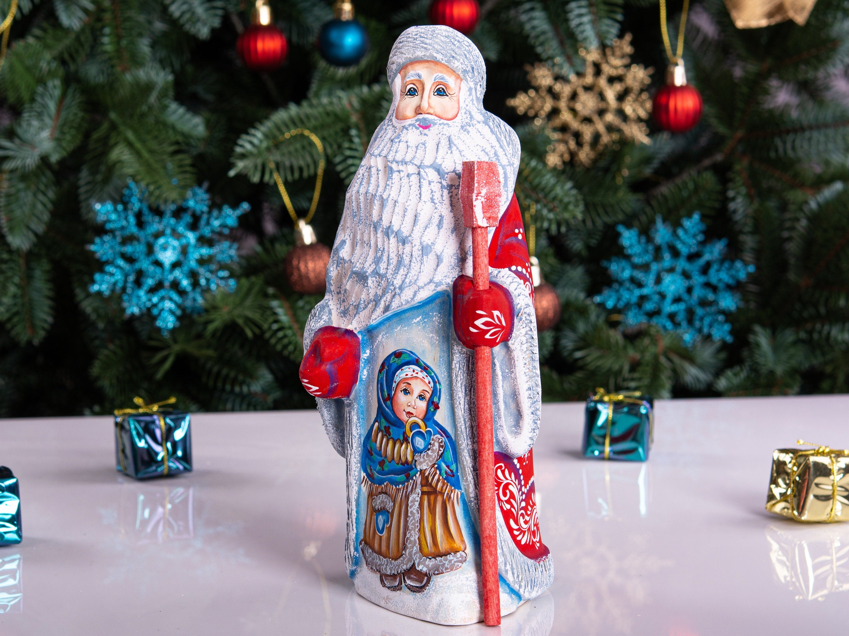 Wooden Carved Vintage Santa Claus figurine 8", handmade Home Christmas Holiday Decor, funny Christmas gift ideas made in Ukraine