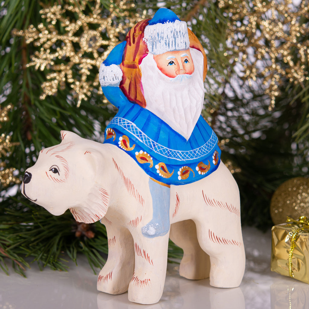 Old World Santa figurine riding polar bear, hand painted 6 inch