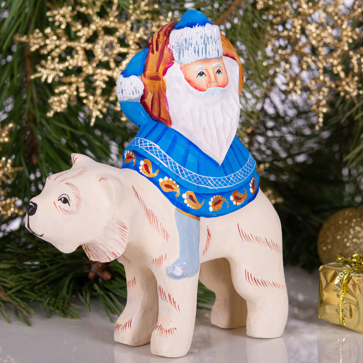 Old World Santa figurine riding polar bear, hand painted 6 inch