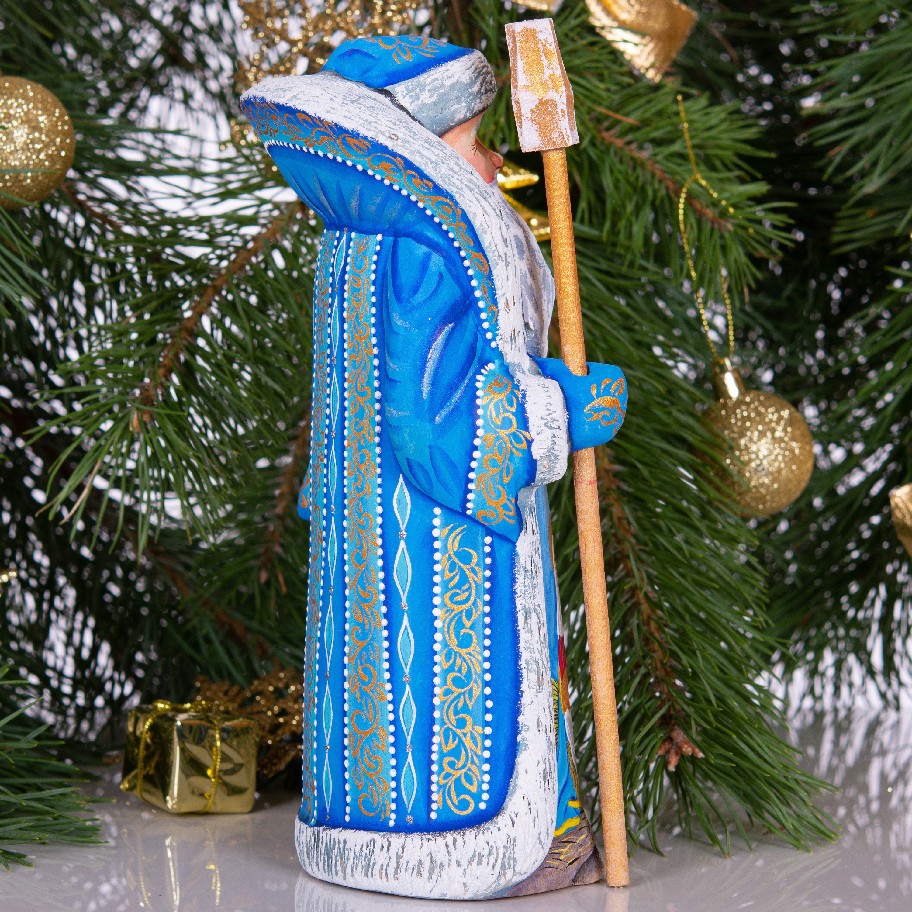 Santa figurine with staff, carved wood, Holy Family art, 9.1 inch