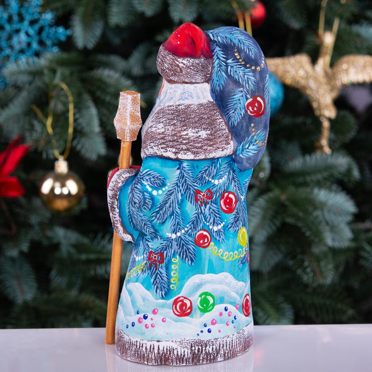 Hand carved Santa wooden figurine 8.3 inch, squirrel in winter forest, Christmas mantel decor