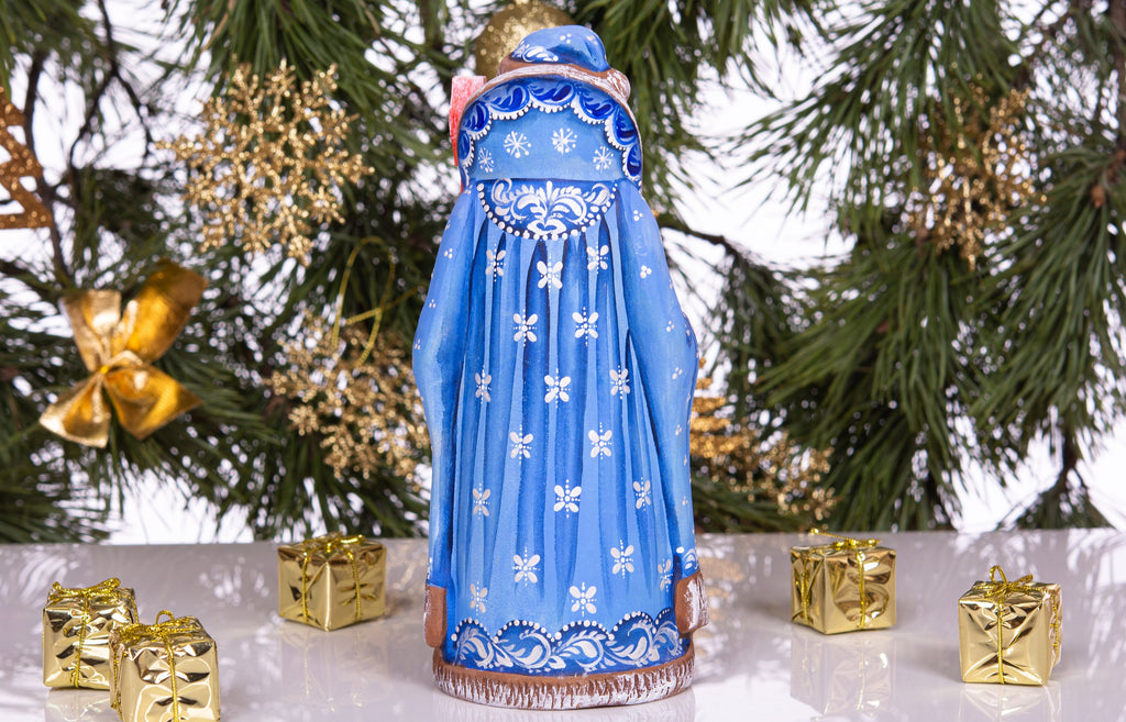 Father Christmas wooden figurine 9 inch, blue Santa, village child and dog, mantel display
