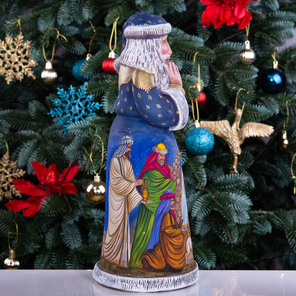 Praying Santa nativity wood figurine 14 inch, Holy Family scene, religious Christmas centerpiece