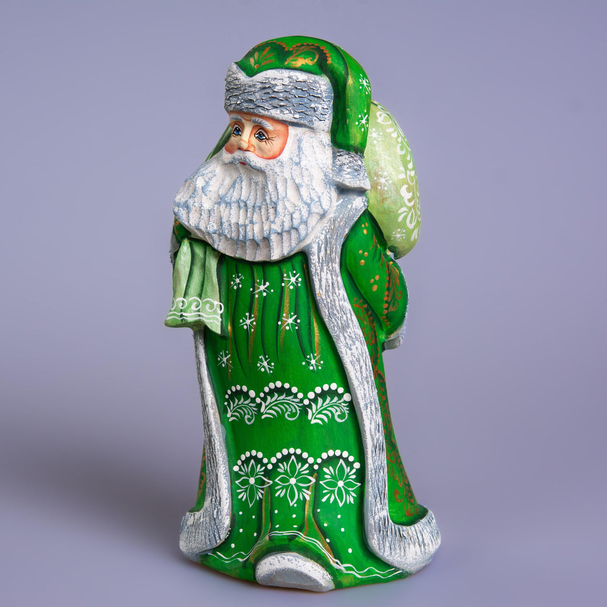 Hand carved wooden Santa figurine 9.1 inch, green coat, gift sack, holiday shelf decor