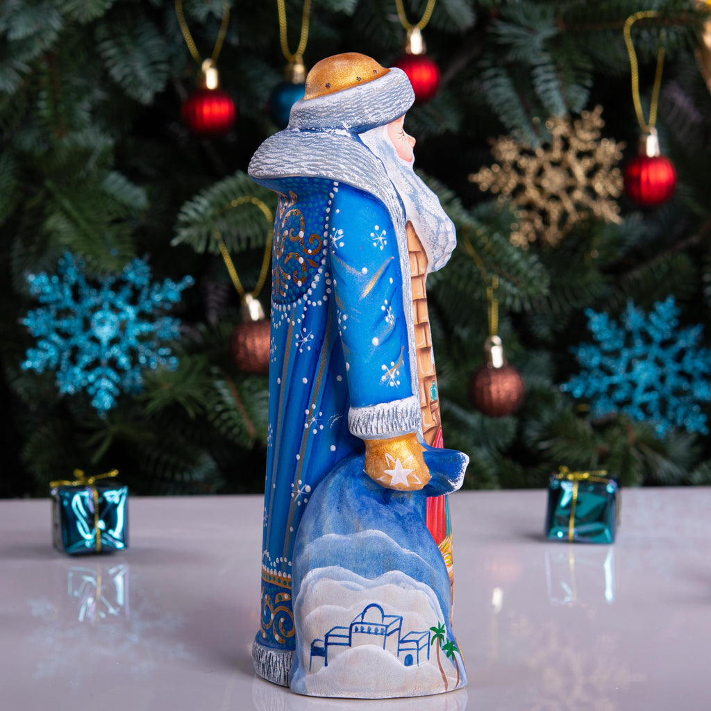 Hand carved wooden Santa nativity figurine 9 inch, Holy Family scene, Christmas mantel decor
