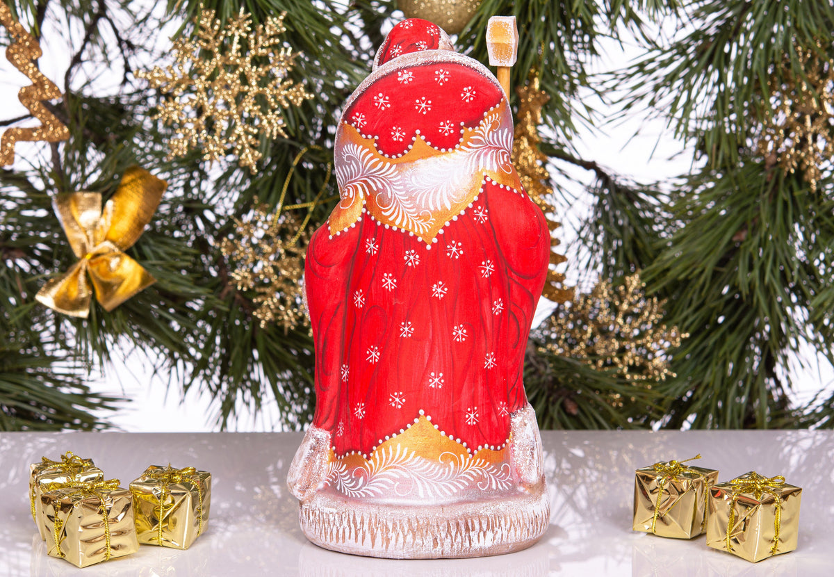 Father Christmas figurine, carved wood, folk art child scene, 9.4 inch