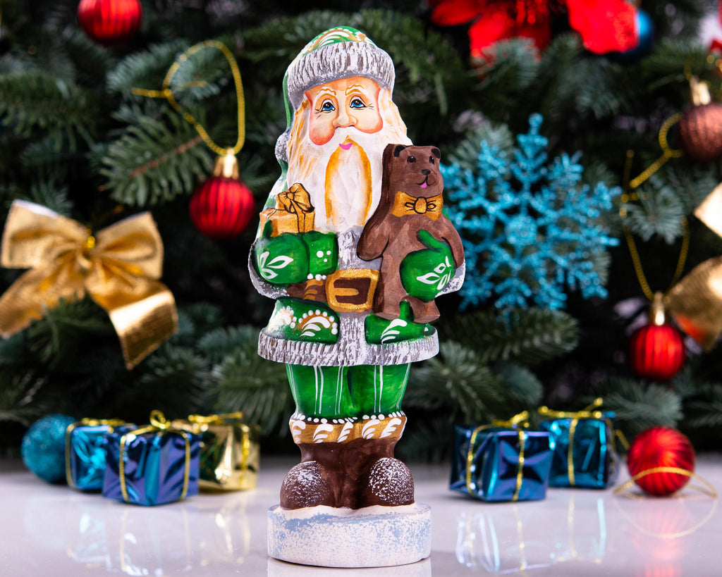 Hand carved wooden Santa figurine 7 inch, teddy bear gift, farmhouse mantel decor