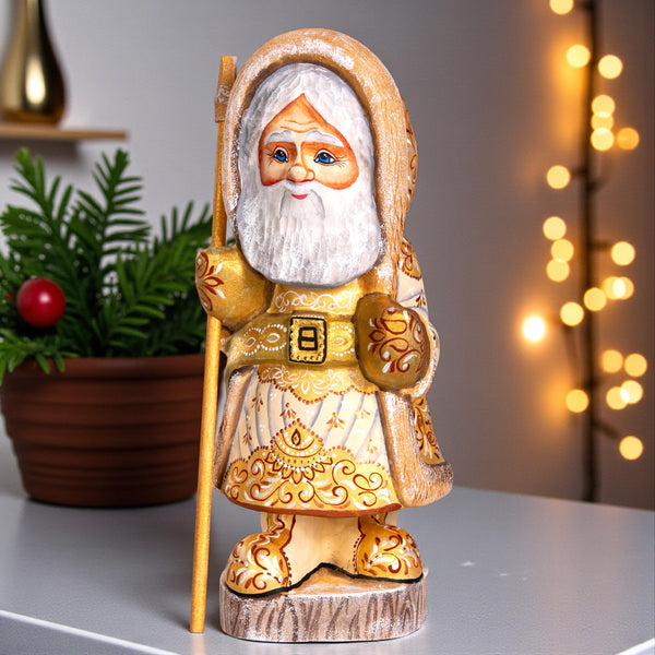 Russian Santa wooden figurine 11 inch, ivory coat, hand painted folk art collectible