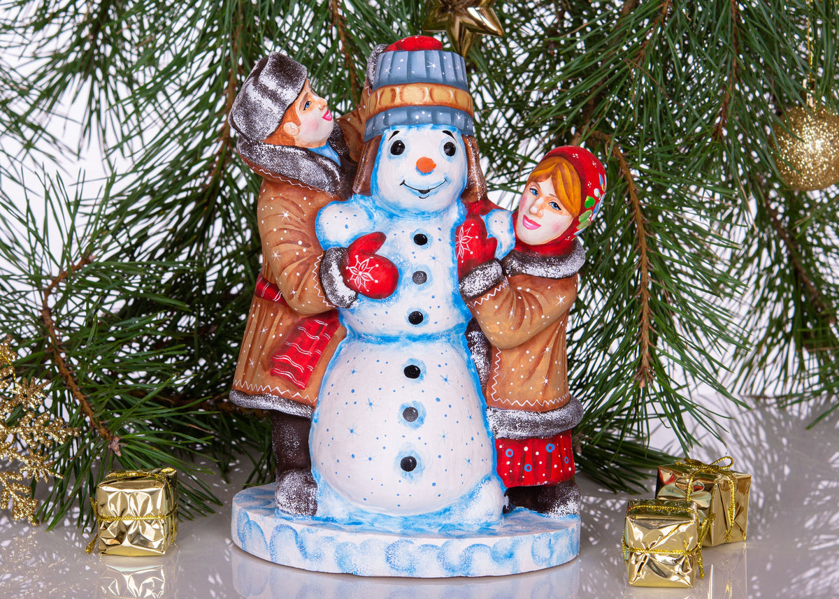 Wooden Hand Carved Snowman Figurine 8", Handmade Christmas Home Decoration Indoor
