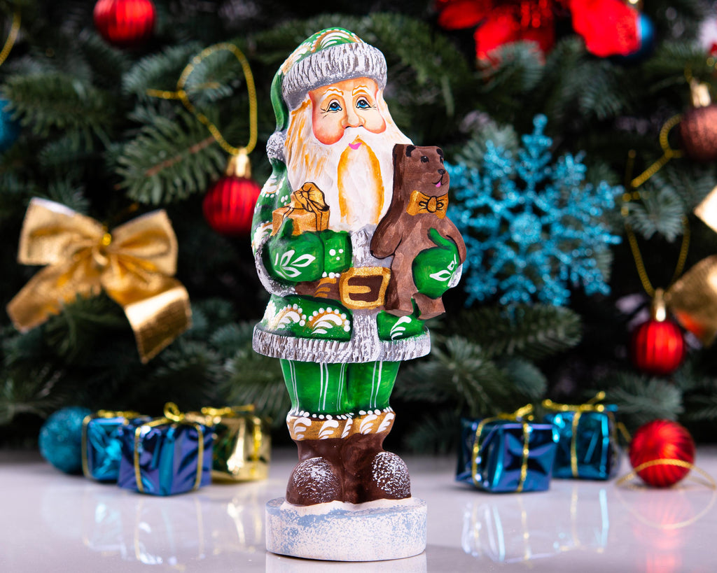 Hand carved wooden Santa figurine 7 inch, teddy bear gift, farmhouse mantel decor