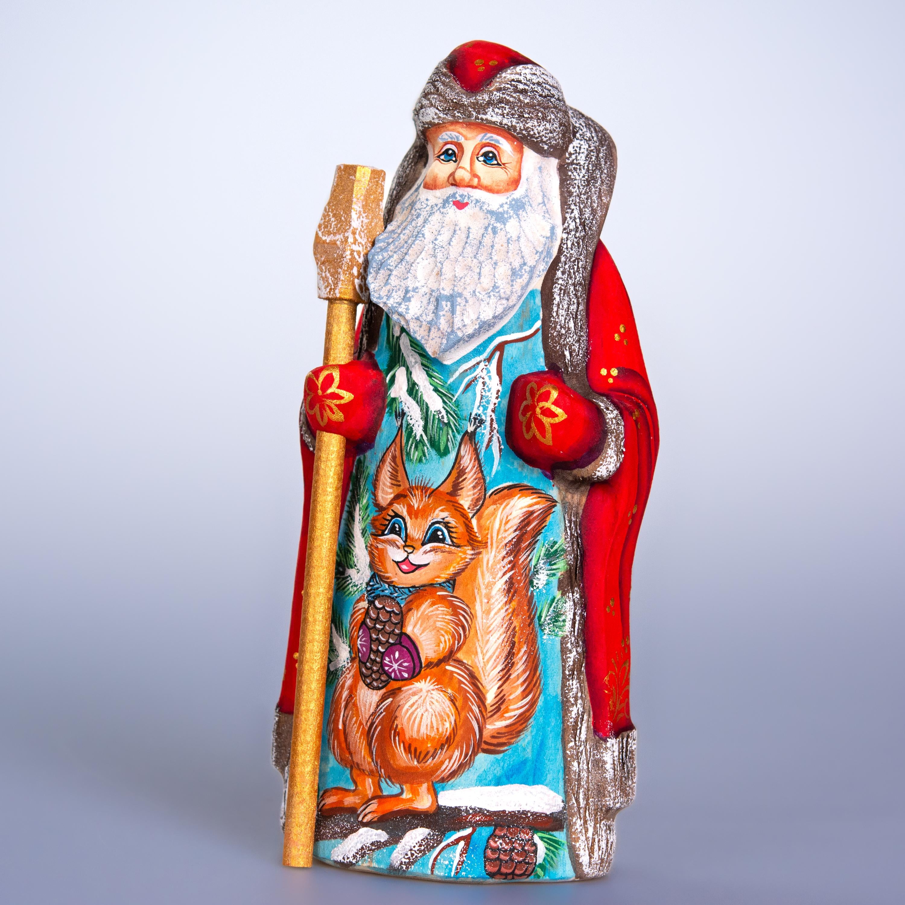 Hand carved wooden Santa figurine 7 inch, squirrel woodland scene, staff, holiday shelf decor