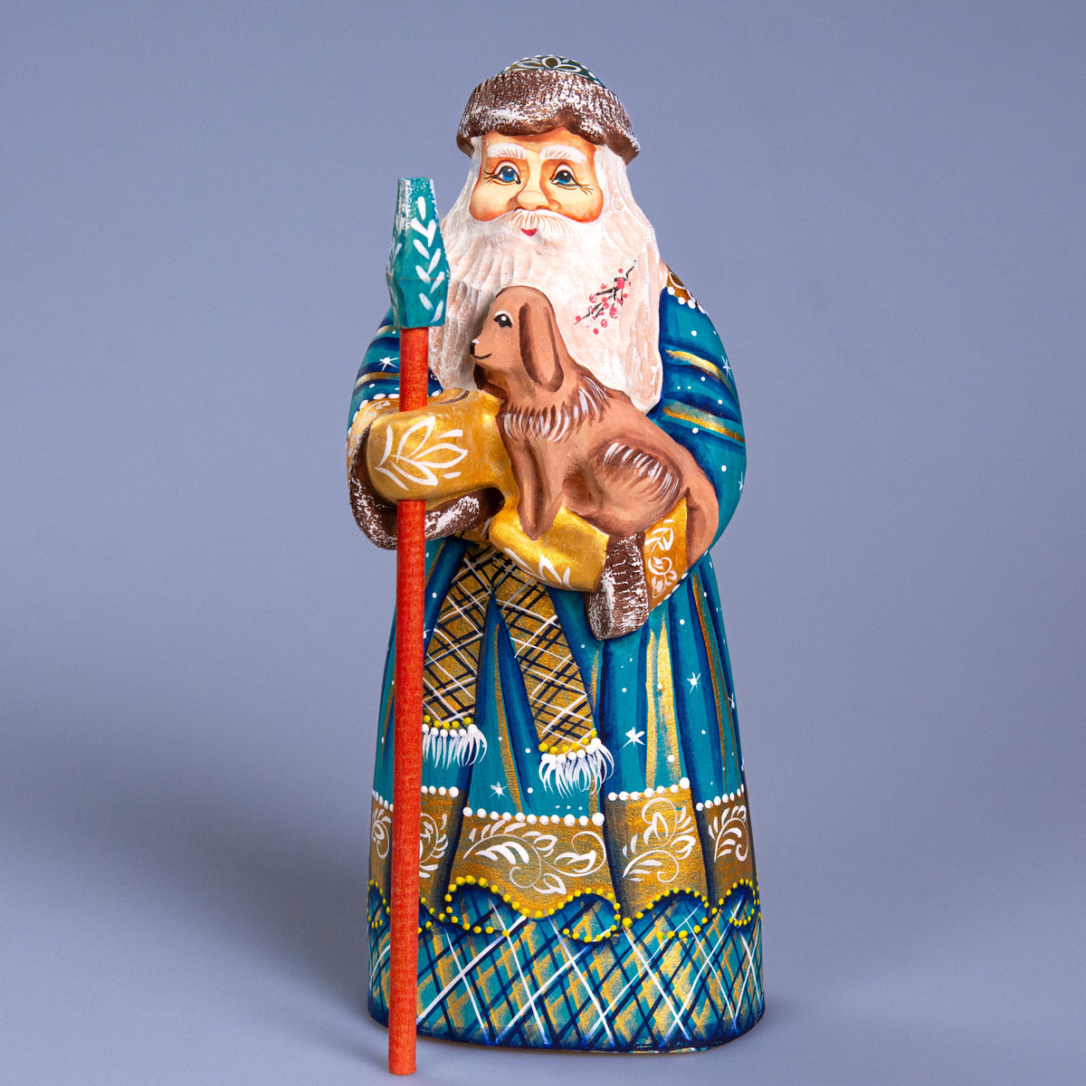Hand Carved Wooden Santa Figurine with Dog 9 inch: Blue & Gold St. Nicholas