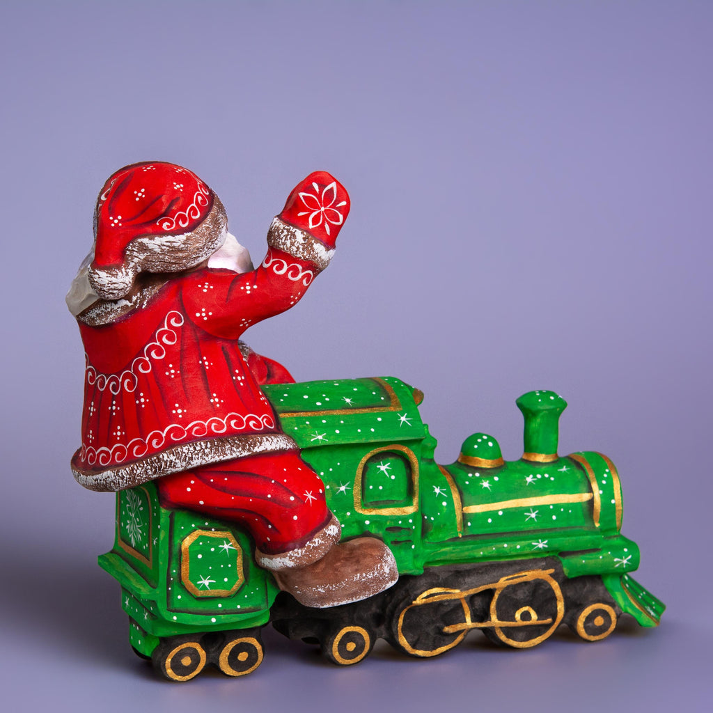 Hand Carved Santa on Locomotive Figurine 9.5 inch: Wooden Christmas Decoration