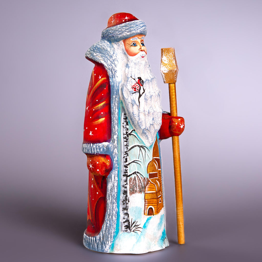 Old-World Santa wooden figurine 7.5 inch, winter church scene, mantel display gift