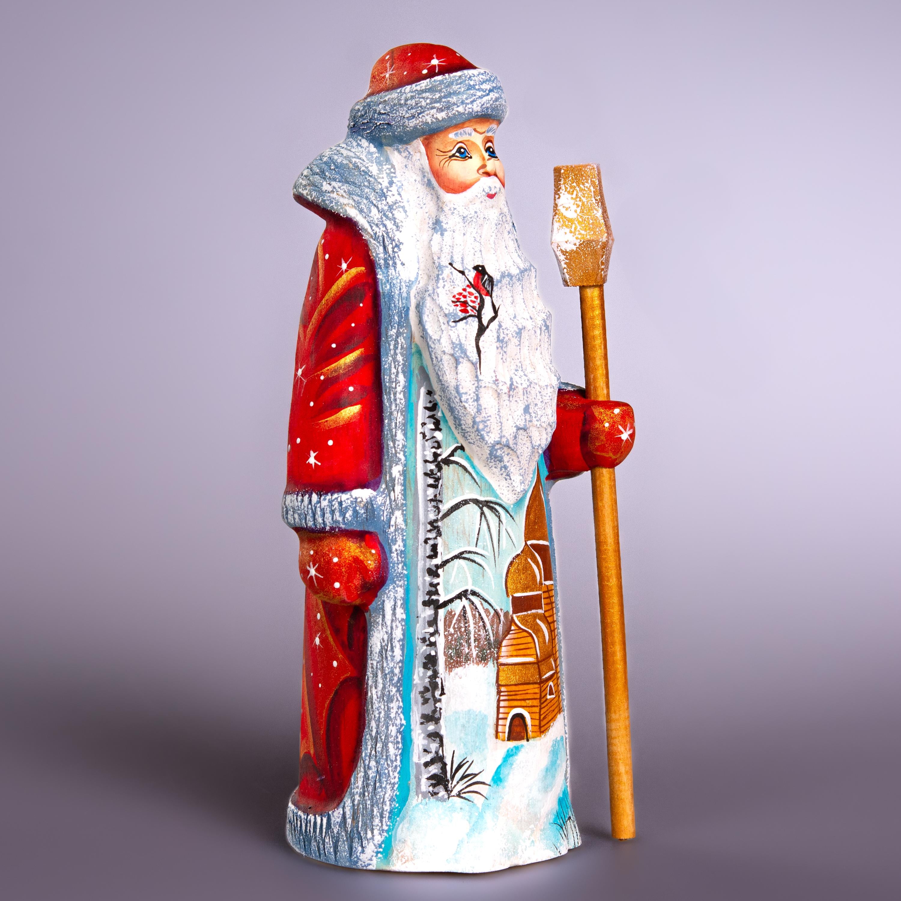 Old-World Santa wooden figurine 7.5 inch, winter church scene, mantel display gift