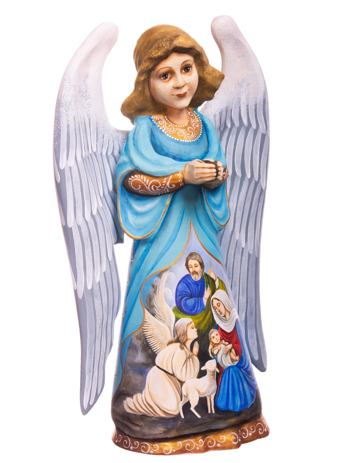 Hand carved angel figurine 9 inch, Holy Family Nativity Scene Mantel display
